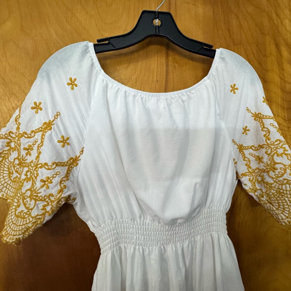Anthropologie White Dress with Gold Embroidery - Picture 5 of 12